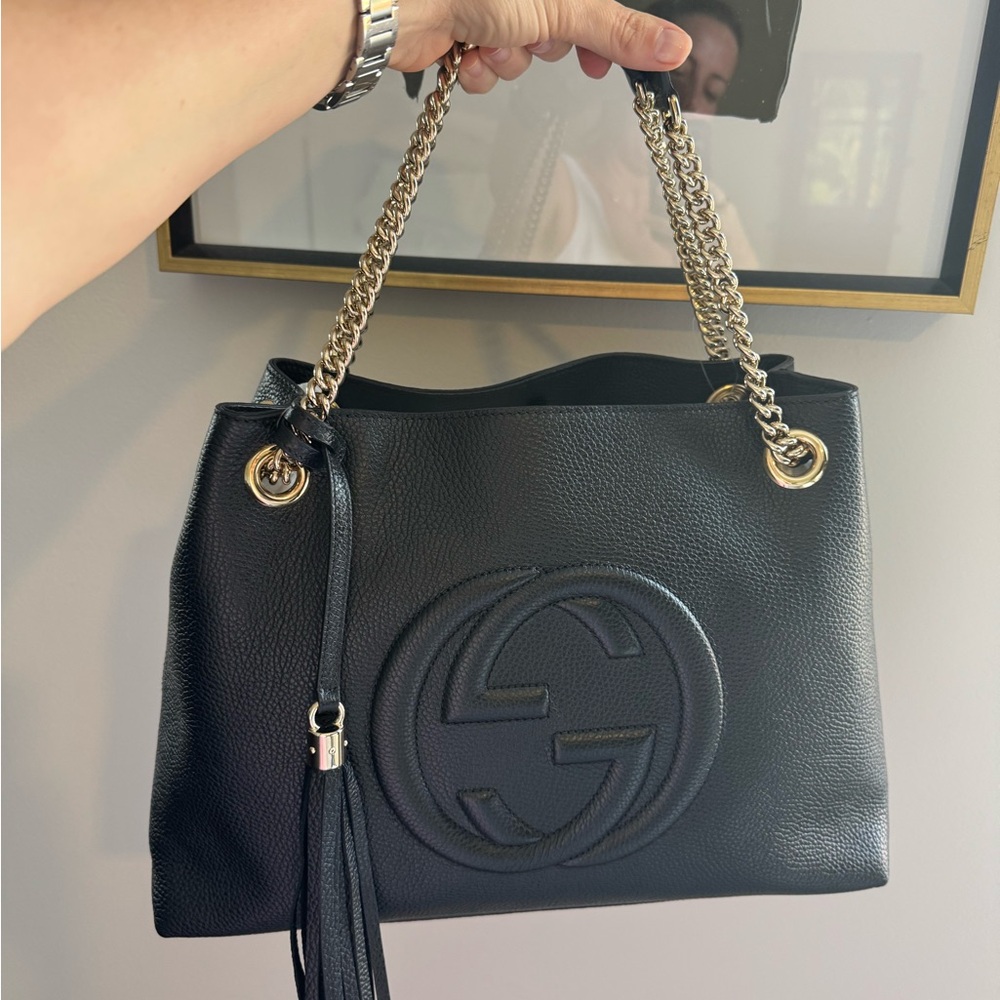 Gucci Soho Chain Tote Black Leather Shoulder Bag with Chain Strap